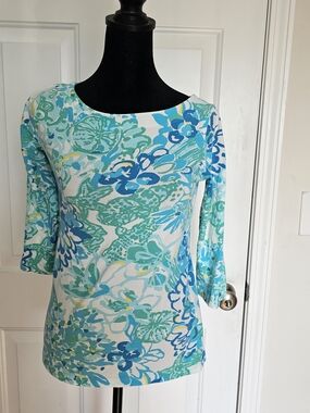Lilly Pulitzer Floral Boatneck 3/4 Sleeve Top - Aqua & Blue Size XS {BX19}